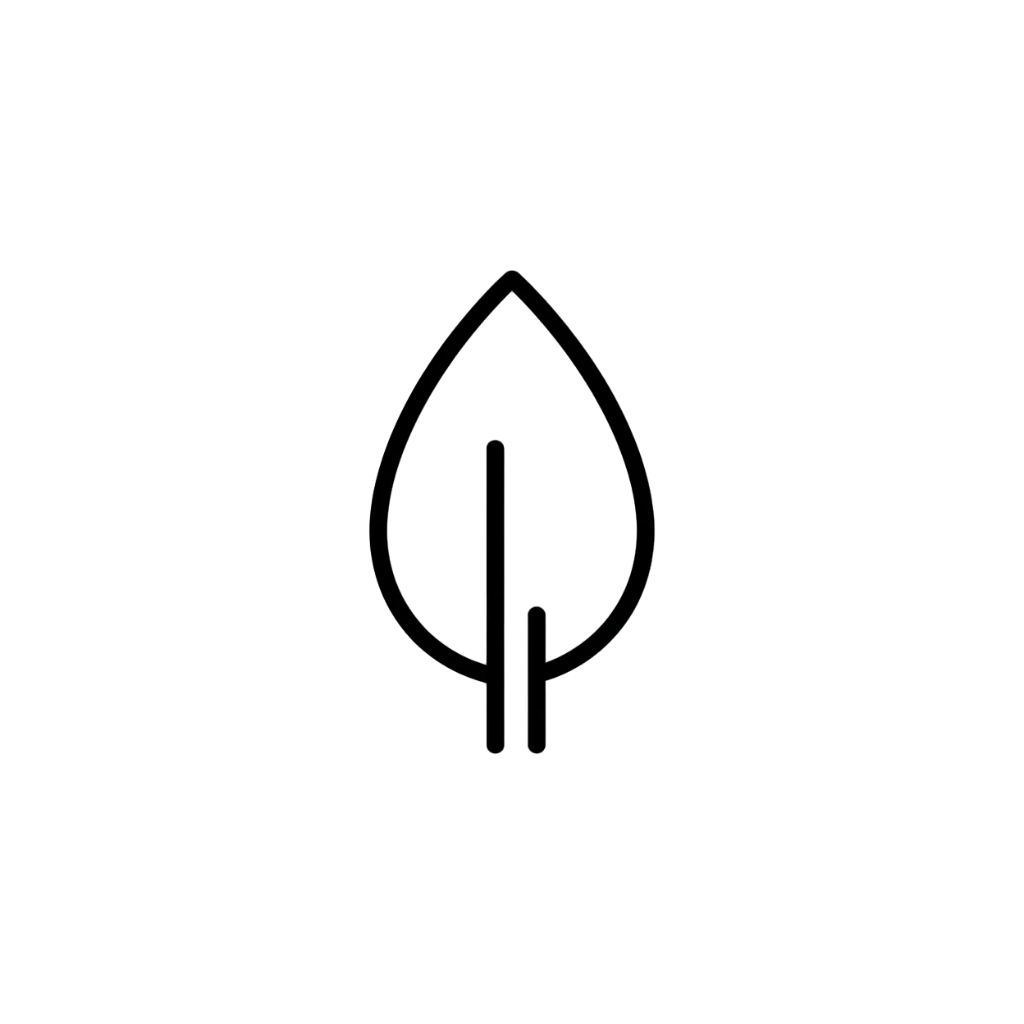 Minimal line icon of a leaf symbol representing sustainability, clean outline style, soft rounded edges, modern wellness aesthetic, monochrome, no background
