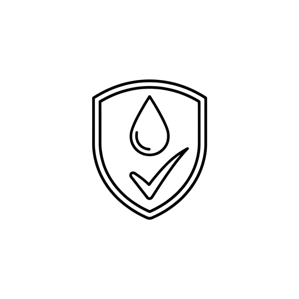 Minimal line icon of a shield combined with a water droplet and a check mark, clean outline style, soft rounded edges, modern wellness aesthetic, monochrome, no background